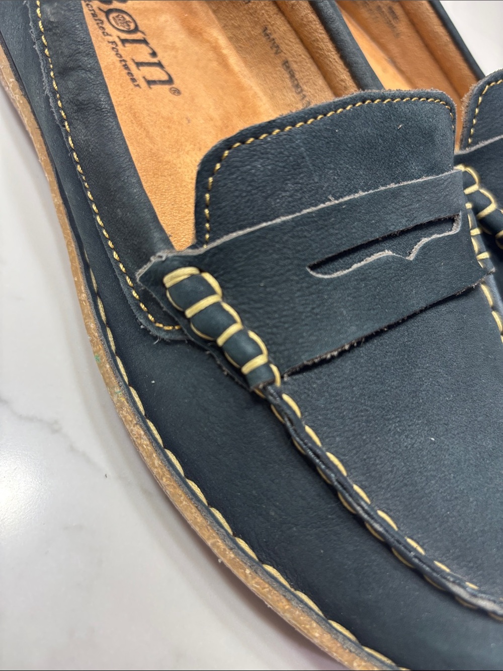 Born NAVY BLUE Suede Penny Loafers with Contrast Stitching - Picture 14 of 15